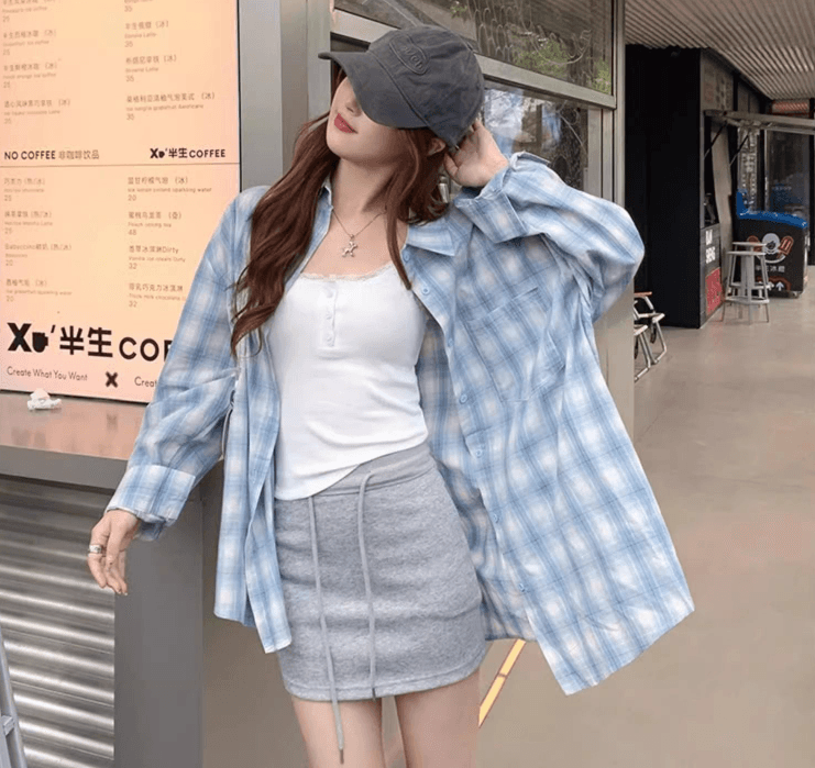 가을 의상 새로운 파란색 체크무늬 자외선 차단 셔츠 느긋한 캐주얼 루즈핏 긴팔 다용도 셔츠 디자인 맨위 재킷