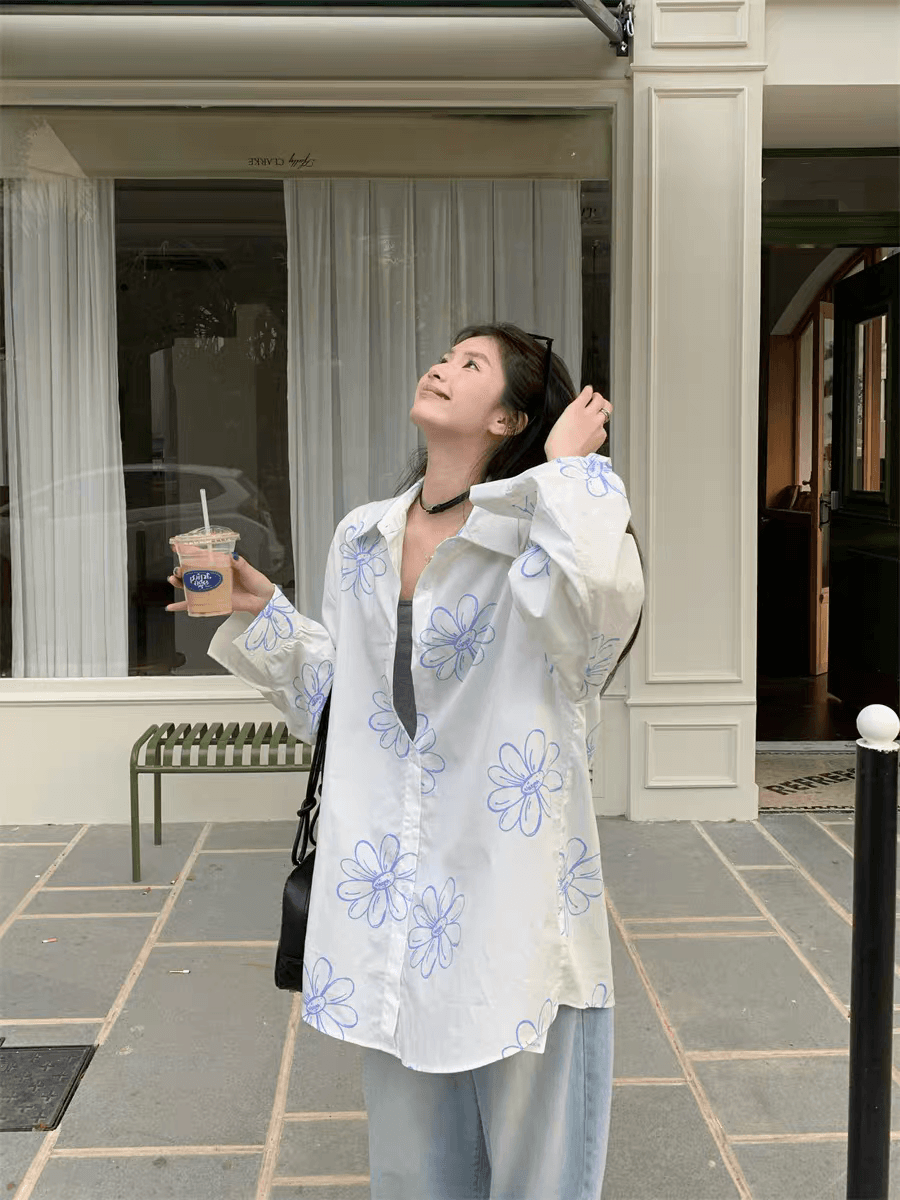 가을 의상 새로운 한국 스타일 느긋한 디자인 센스 프린트 긴팔 화이트 미니멀리즘 셔츠 루즈핏 다용도 자외선 차단 맨위 상세 이미지 9