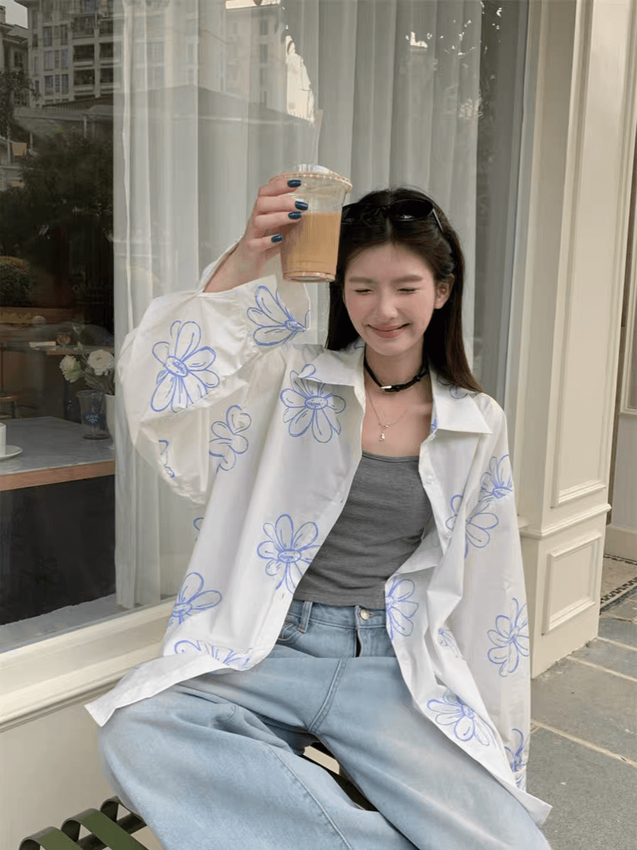 가을 의상 새로운 한국 스타일 느긋한 디자인 센스 프린트 긴팔 화이트 미니멀리즘 셔츠 루즈핏 다용도 자외선 차단 맨위 상세 이미지 10
