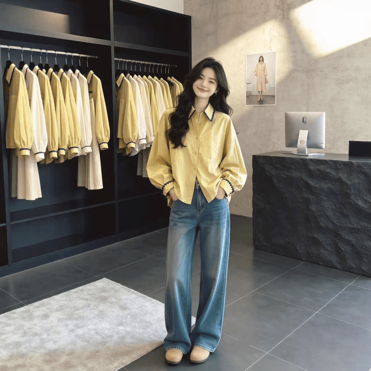 가을 의상 새로운 한국 스타일 자수 배색 패치워크 폴로 칼라 긴팔 여성 셔츠 연령 감소 루즈핏 슬림해 보이는 셔츠 맨위 상세 이미지 3