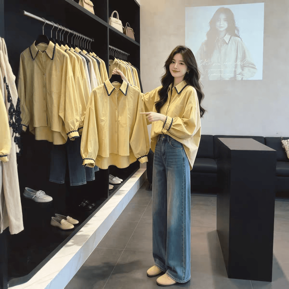 가을 의상 새로운 한국 스타일 자수 배색 패치워크 폴로 칼라 긴팔 여성 셔츠 연령 감소 루즈핏 슬림해 보이는 셔츠 맨위 상세 이미지 4