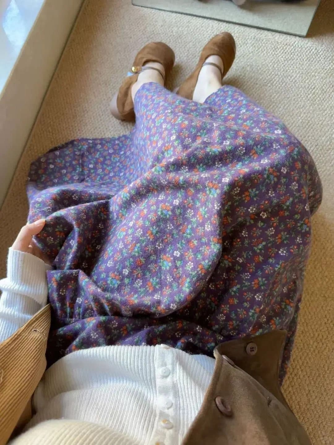 가을 겨울 의류 고대 복장 센스 보라색 꽃무늬 반신 스커트 높은 품질 연삭 털 우산 치마 문예 센 부서 다용도 중간 길이 상세 이미지 8