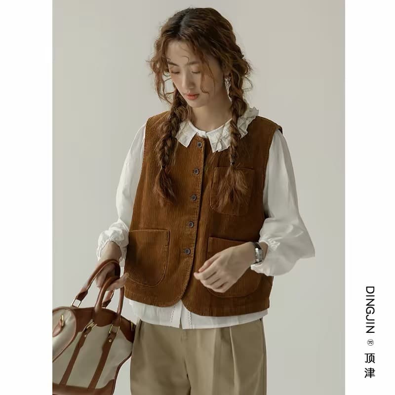 가을 의상 새로운 프랑스식 코듀로이 조끼 여자 레트로 민소매 맨위 조끼 학생 외부 가져 가라. 어깨 재킷 상세 이미지 7