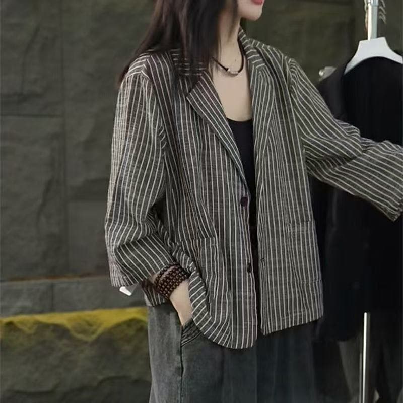 가을 의상 새로운 스트라이프 작은 양복 여성 코트 얇은 스타일 문예 레트로 루즈핏 캐주얼 9부 소매 오픈 가디건 맨위 상세 이미지 2