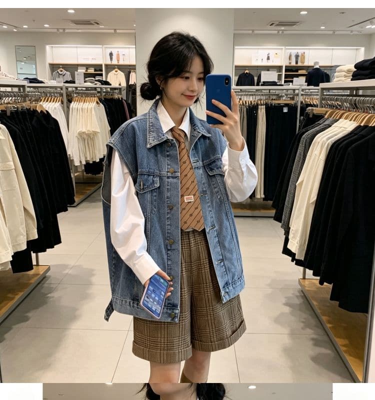가을 의상 새로운 패션 레트로 루즈핏 민소매 데님 베스트 여성 짧은 다용도 외부 잡아라. 의류 상세 이미지 7