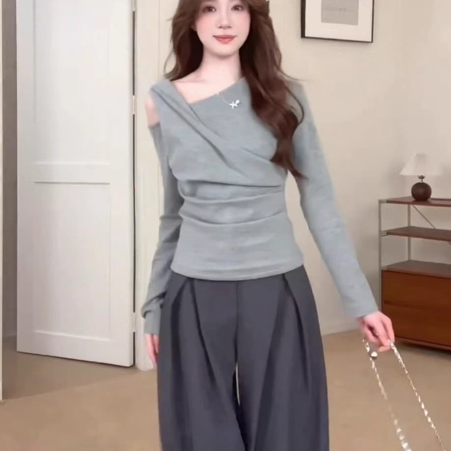 가을 의상 새로운 한 부서 회색 비스듬한 칼라 오프숄더 긴팔 티셔츠 여성 디자인 센스 몸매 가꾸기 슬림해 보이는 인사이드 가져 가라. 사람들 면 맨위 이미지 4