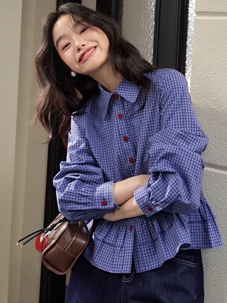 가을 의상 새로운 miu 부서 파란색 체크무늬 여성 셔츠 프릴 긴팔 셔츠 맨위 이미지 3