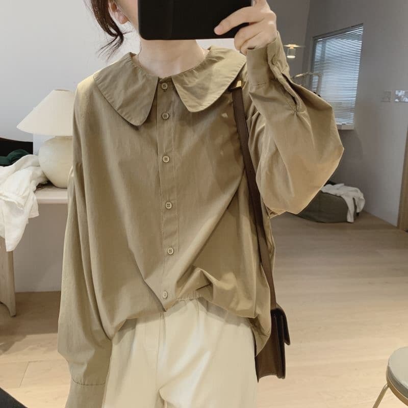가을 의상 새로운 베이비 칼라 여성 셔츠 면 외국 가스 여성 셔츠 작은 키 셔츠 표지 배 셔츠 이미지 5