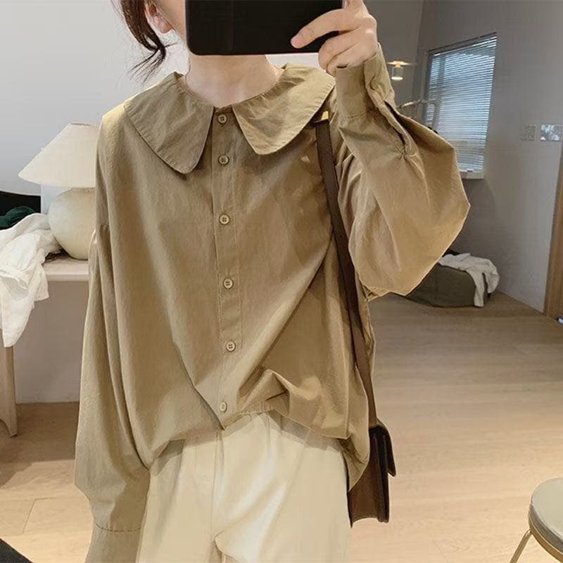 가을 의상 새로운 베이비 칼라 여성 셔츠 면 외국 가스 여성 셔츠 작은 키 셔츠 표지 배 셔츠 상세 이미지 2