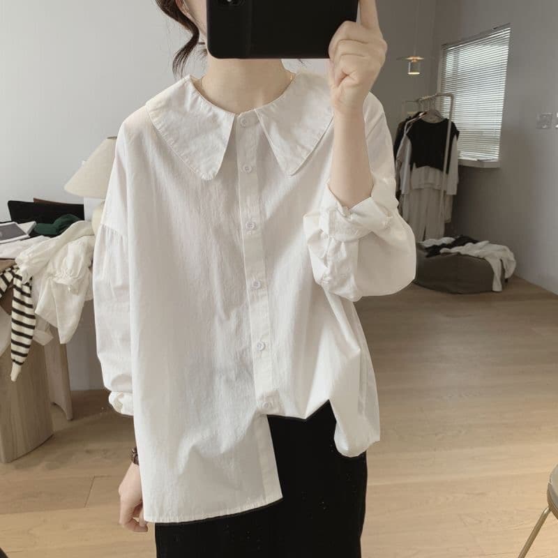 가을 의상 새로운 베이비 칼라 여성 셔츠 면 외국 가스 여성 셔츠 작은 키 셔츠 표지 배 셔츠 상세 이미지 5