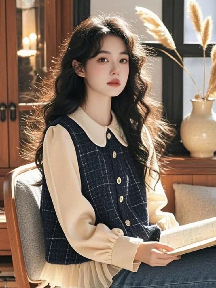 가을 의상 새로운 레트로 체크무늬 페이크 레이어드 셔츠 여성 긴 소매 베이비 칼라 아름다운 아름다운 슈퍼 잘 생긴 고유 한 맨위 상세 이미지 3
