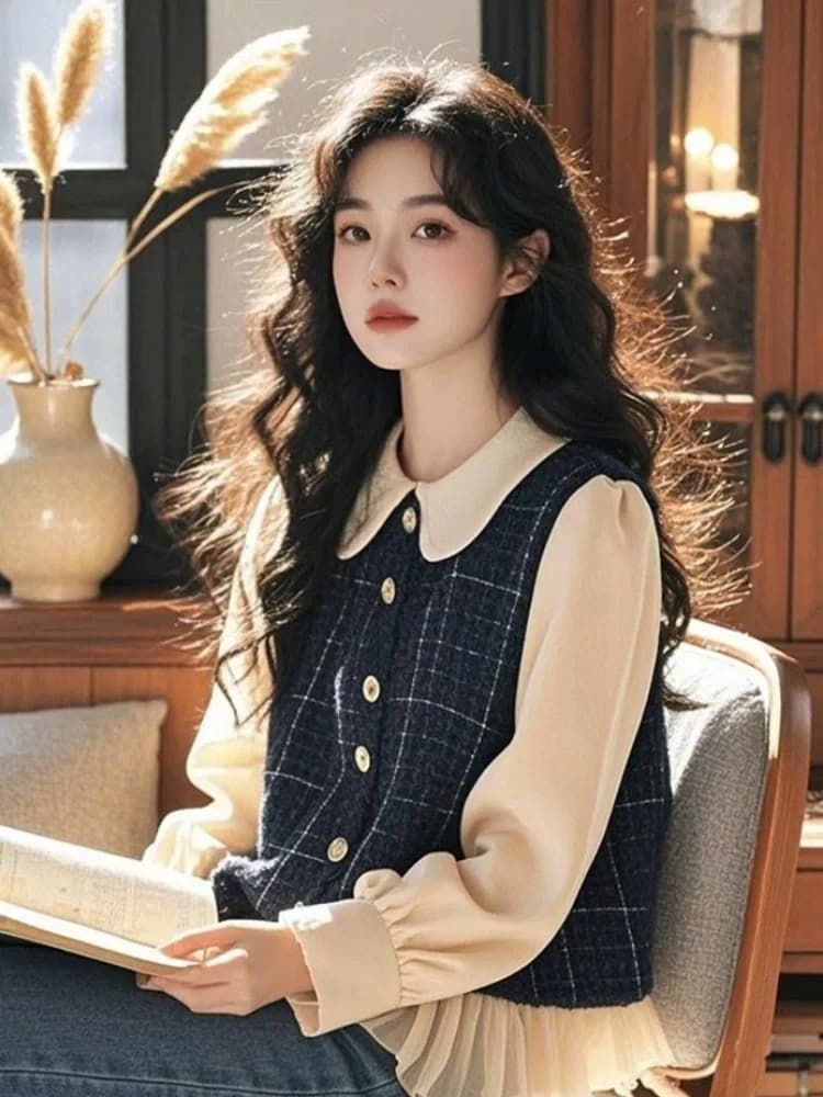 가을 의상 새로운 레트로 체크무늬 페이크 레이어드 셔츠 여성 긴 소매 베이비 칼라 아름다운 아름다운 슈퍼 잘 생긴 고유 한 맨위 상세 이미지 4