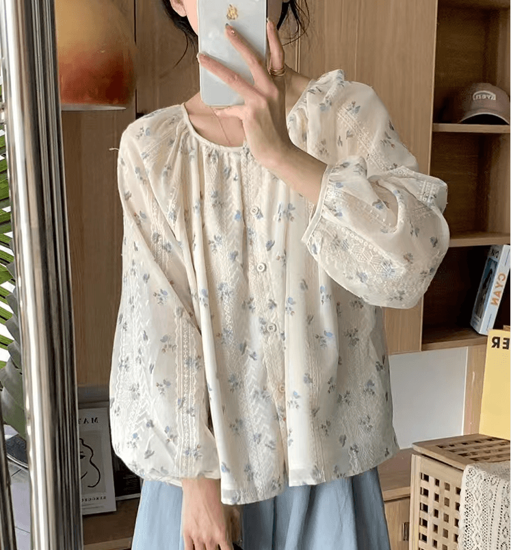 가을 의상 새로운 프랑스식 달콤함 거품 소매 꽃무늬 쉬폰 셔츠 부드러운 바람 레이스 자수 태양 보호 셔츠