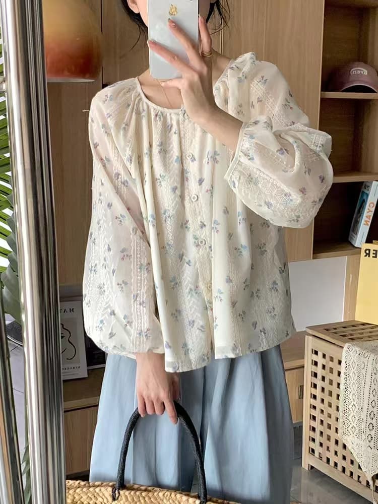 가을 의상 새로운 프랑스식 달콤함 거품 소매 꽃무늬 쉬폰 셔츠 부드러운 바람 레이스 자수 태양 보호 셔츠 상세 이미지 2