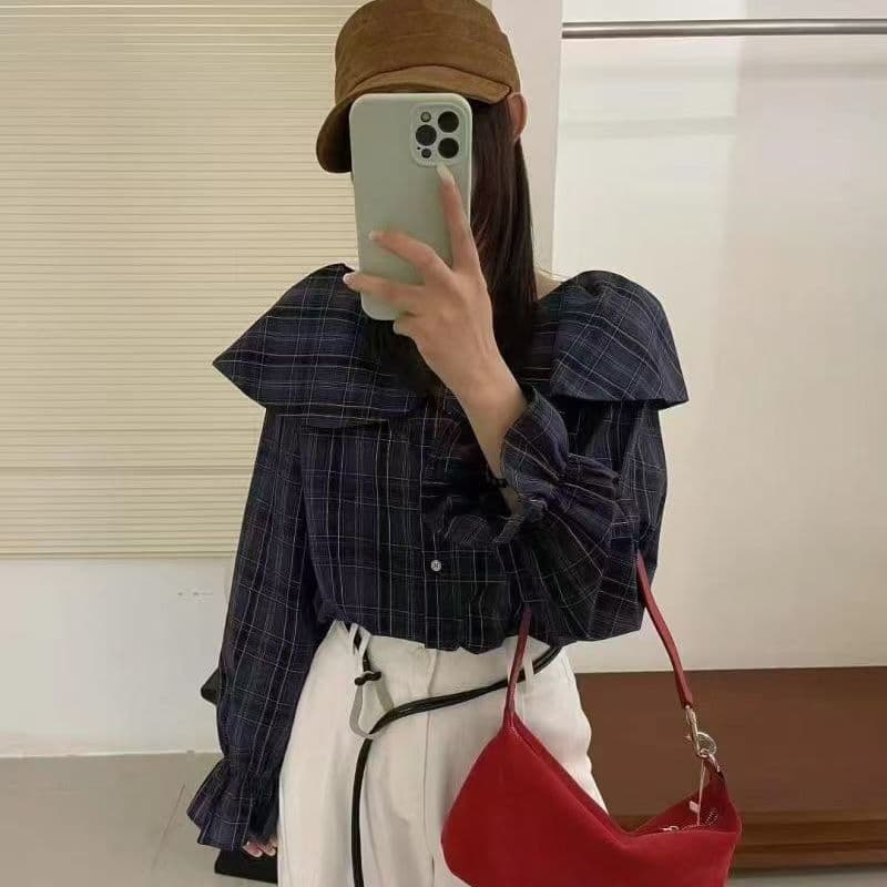 가을 의상 새로운 자이언트 잘 생긴 ~ 중 레트로 체크무늬 한 부서 착용 가져 가라. 오프숄더 프릴 칼라 긴팔 셔츠 작은 셔츠 맨위 상세 이미지 3