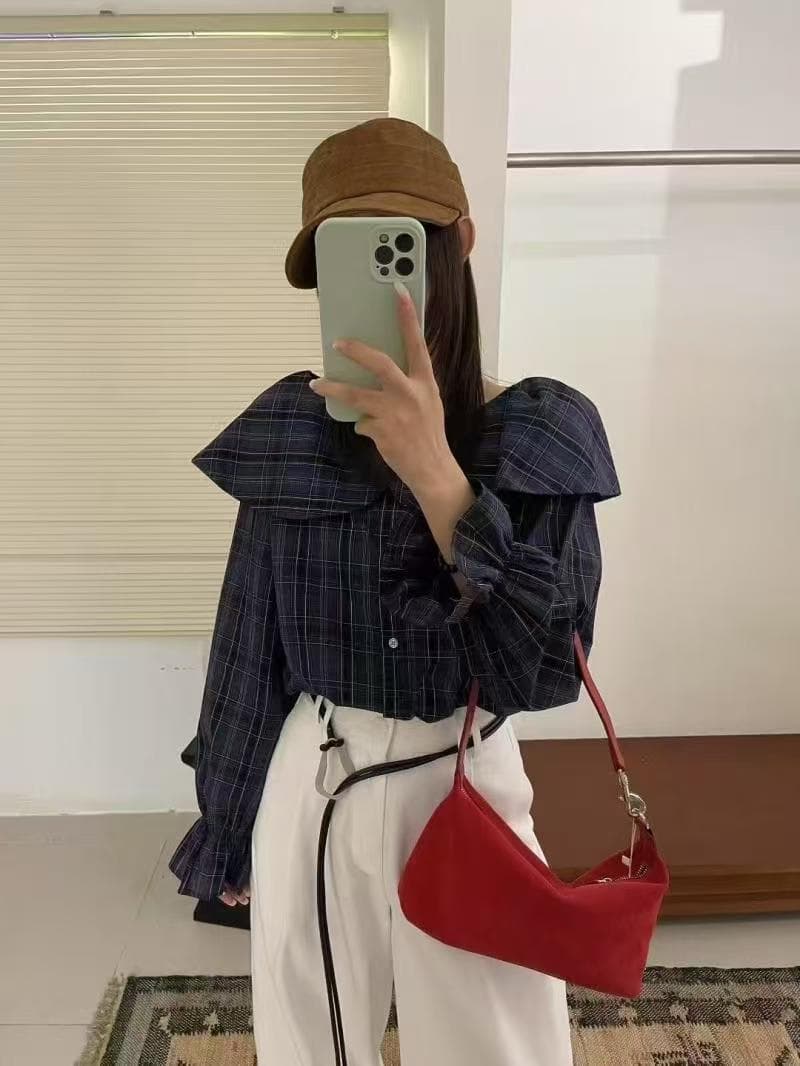 가을 의상 새로운 자이언트 잘 생긴 ~ 중 레트로 체크무늬 한 부서 착용 가져 가라. 오프숄더 프릴 칼라 긴팔 셔츠 작은 셔츠 맨위 상세 이미지 5