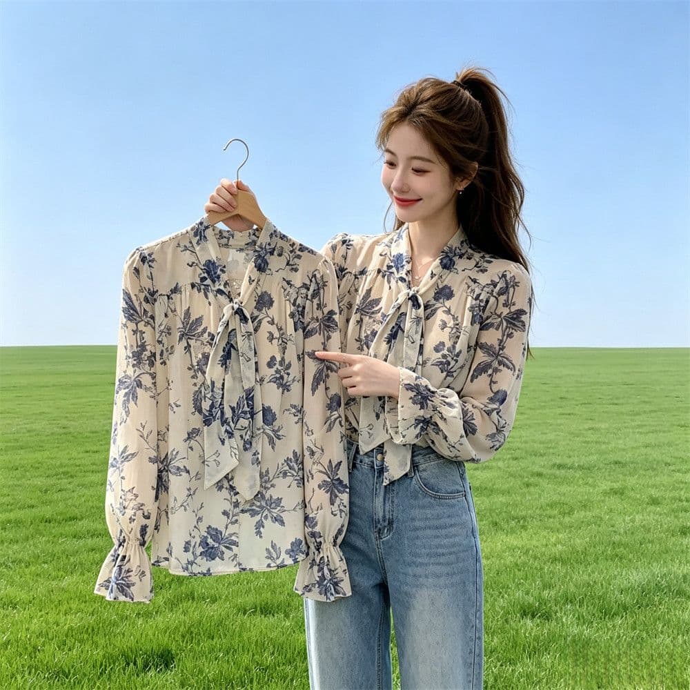 가을 의상 새로운 슬림해 보이는 쉬폰 출퇴근 바람 꽃무늬 리본 셔츠 디자인 센스 긴팔 레이스업 맨위 슈퍼 잘 생긴 이미지 3