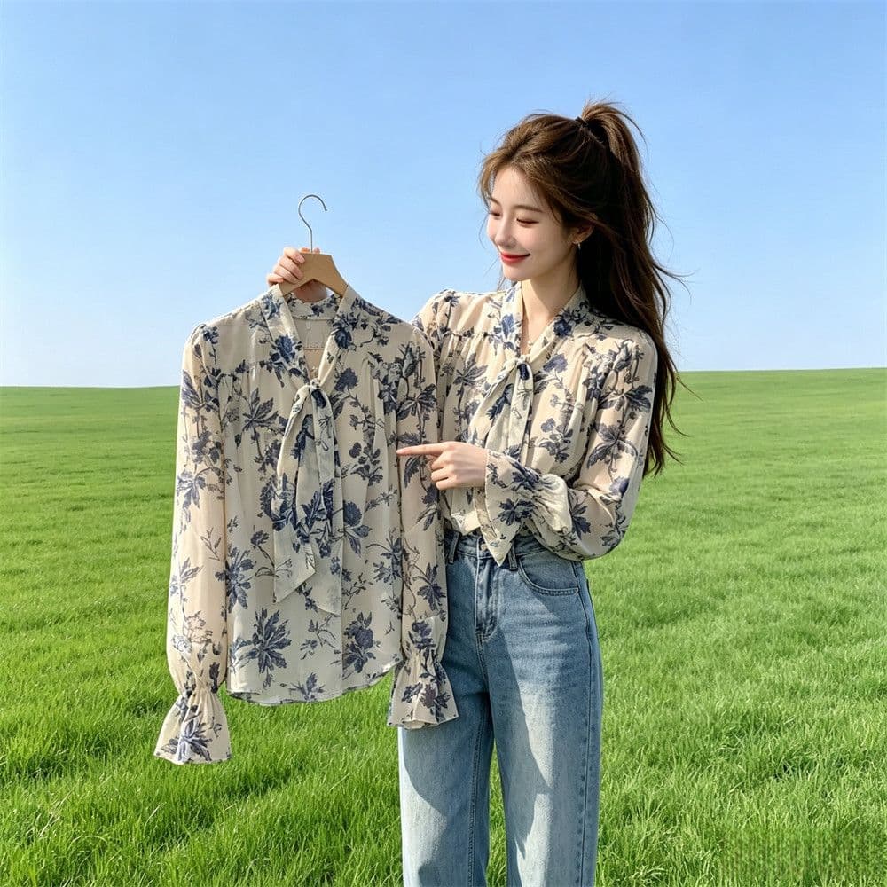 가을 의상 새로운 슬림해 보이는 쉬폰 출퇴근 바람 꽃무늬 리본 셔츠 디자인 센스 긴팔 레이스업 맨위 슈퍼 잘 생긴 상세 이미지 3