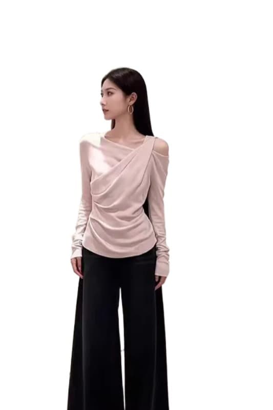 가을 의상 새로운 한 부서 회색 비스듬한 칼라 오프숄더 긴팔 티셔츠 여성 디자인 센스 몸매 가꾸기 슬림해 보이는 인사이드 가져 가라. 사람들 면 맨위 이미지 6