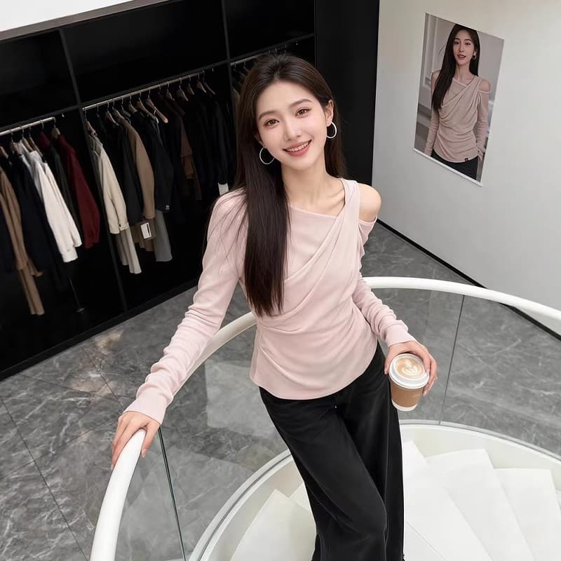 가을 의상 새로운 한 부서 회색 비스듬한 칼라 오프숄더 긴팔 티셔츠 여성 디자인 센스 몸매 가꾸기 슬림해 보이는 인사이드 가져 가라. 사람들 면 맨위 상세 이미지 3