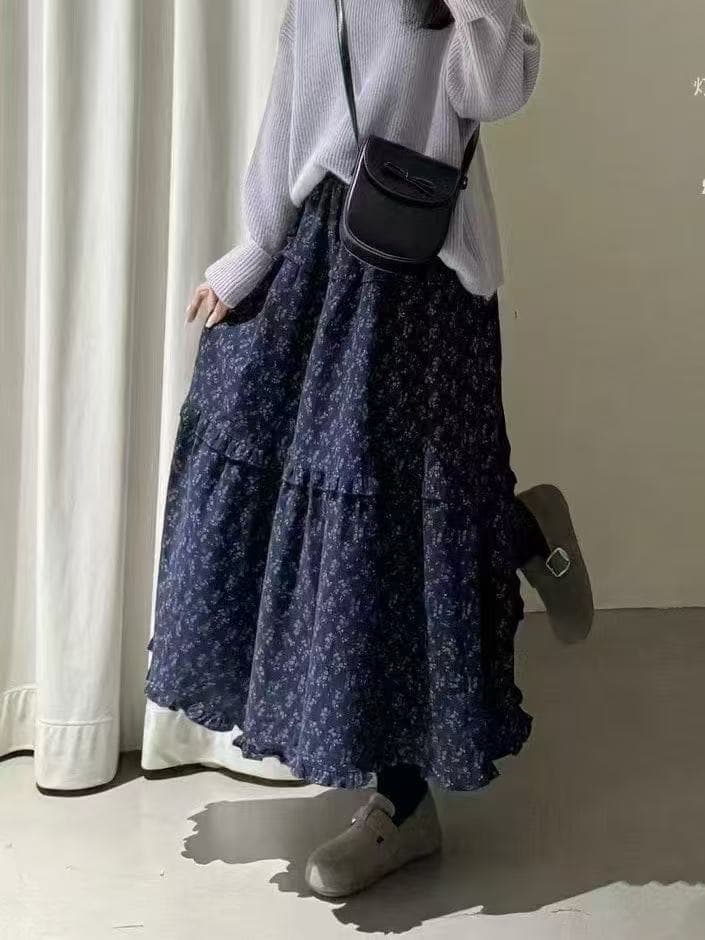 가을 겨울 의류 다용도 보라색 꽃무늬 밴딩 반신 스커트 하이웨이스트 중간 길이 슬림해 보이는 부드러운 센 부서 레트로 치마 이미지 4