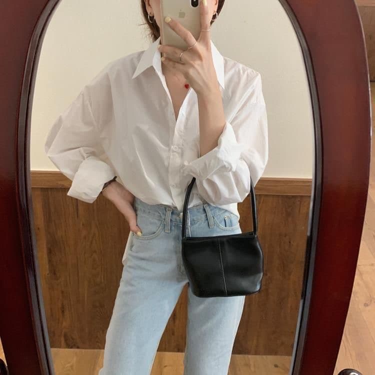 가을 의상 새로운 작은 심장 기계 화이트 여성 셔츠 디자인 센스 작은 대중 Chic 캐주얼 루즈핏 셔츠 한 팬 맨위 상세 이미지 15