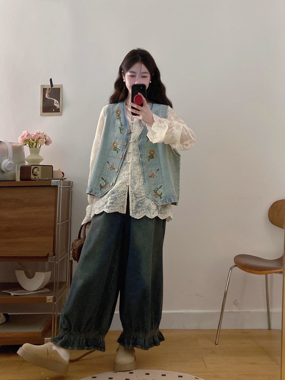 가을 의상 새로운 한국 스타일 루즈핏 슬림해 보이는 데님 조끼 여자 고급 센스 Chic 고유 한 루즈핏 스택 착용 조끼 세트 상세 이미지 7