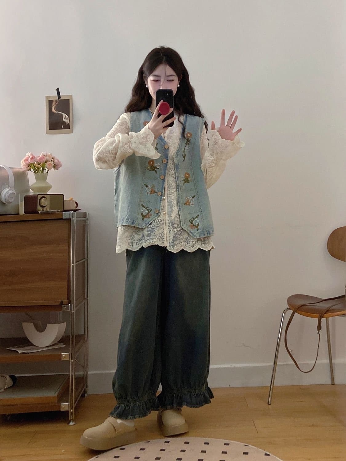 가을 의상 새로운 한국 스타일 루즈핏 슬림해 보이는 데님 조끼 여자 고급 센스 Chic 고유 한 루즈핏 스택 착용 조끼 세트 상세 이미지 23