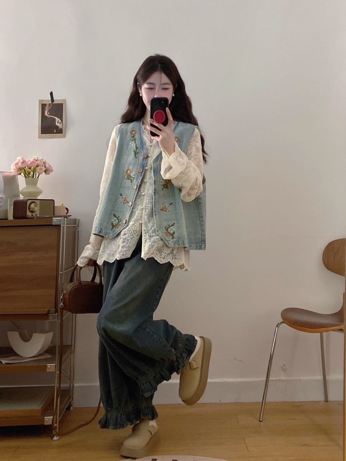 가을 의상 새로운 한국 스타일 루즈핏 슬림해 보이는 데님 조끼 여자 고급 센스 Chic 고유 한 루즈핏 스택 착용 조끼 세트 상세 이미지 24