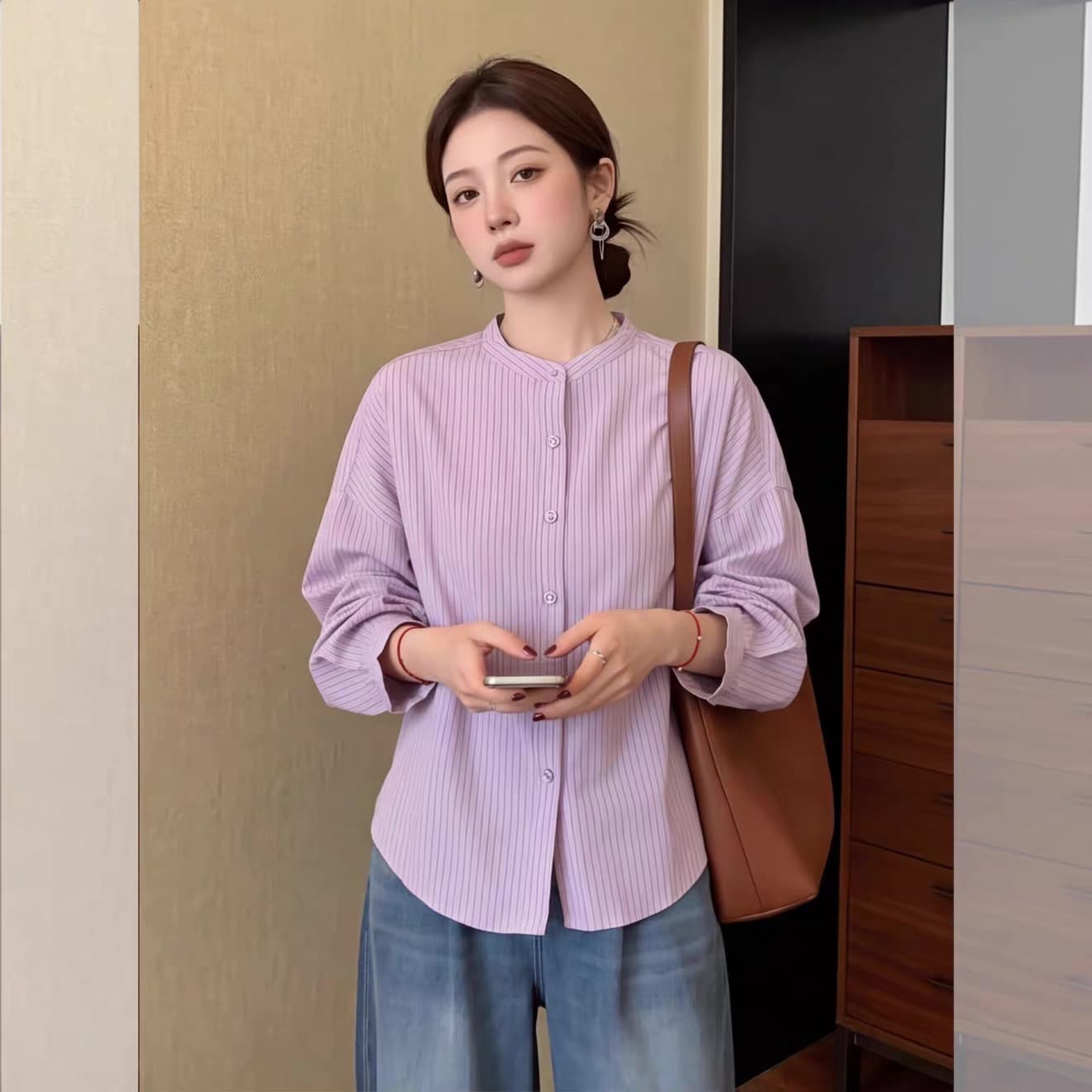 가을 의상 새로운 레트로 스트라이프 보라색 긴팔 여성 셔츠 빅 사이즈 다용도 루즈핏 고급 센스 맨위 이미지 3