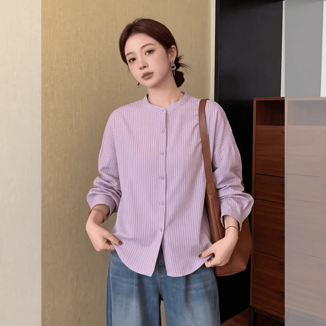 가을 의상 새로운 레트로 스트라이프 보라색 긴팔 여성 셔츠 빅 사이즈 다용도 루즈핏 고급 센스 맨위