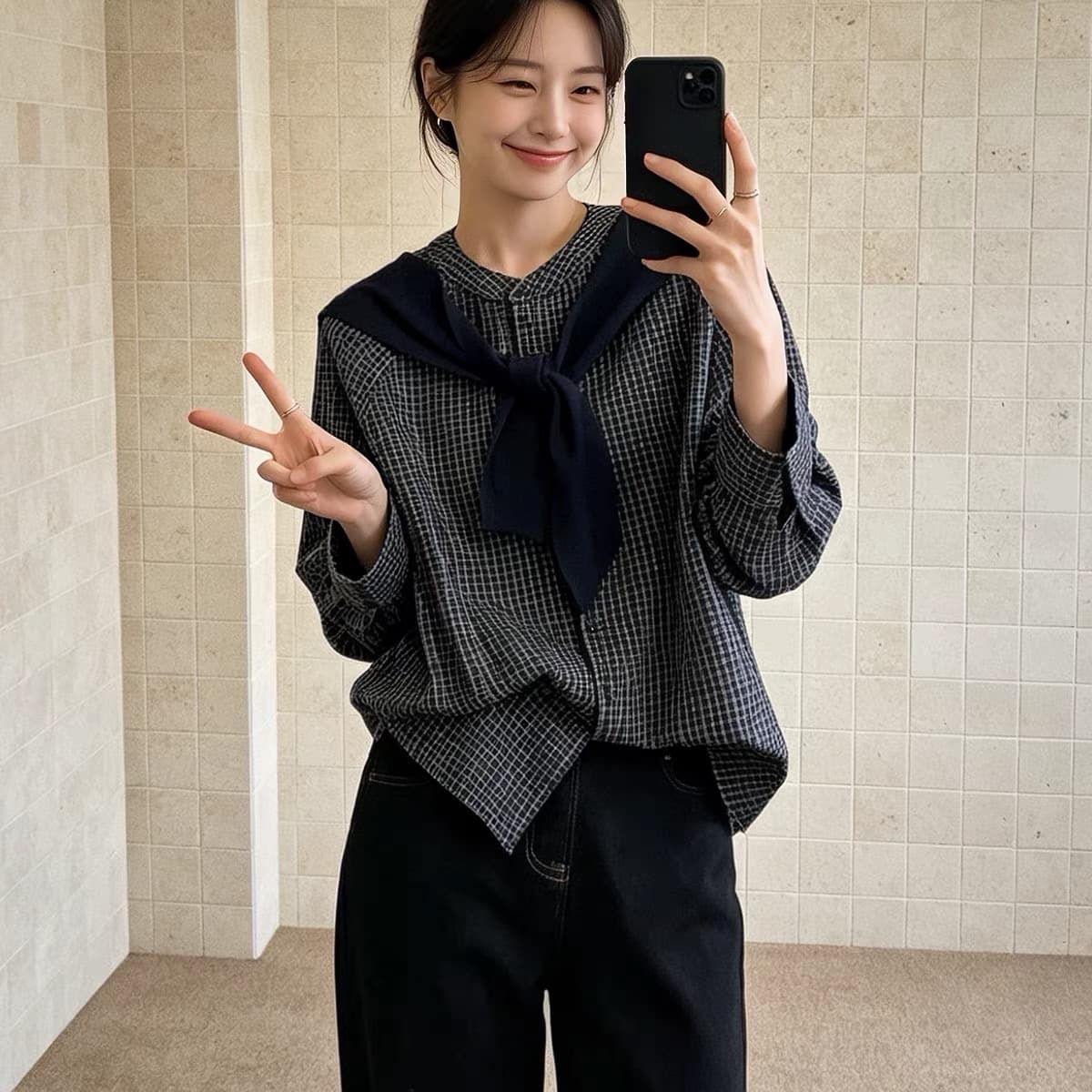 가을 의상 새로운 프랑스식 레트로 체크무늬 숄 긴팔 셔츠 여성 레저 품격 셔츠 루즈핏 맨위 이미지 4
