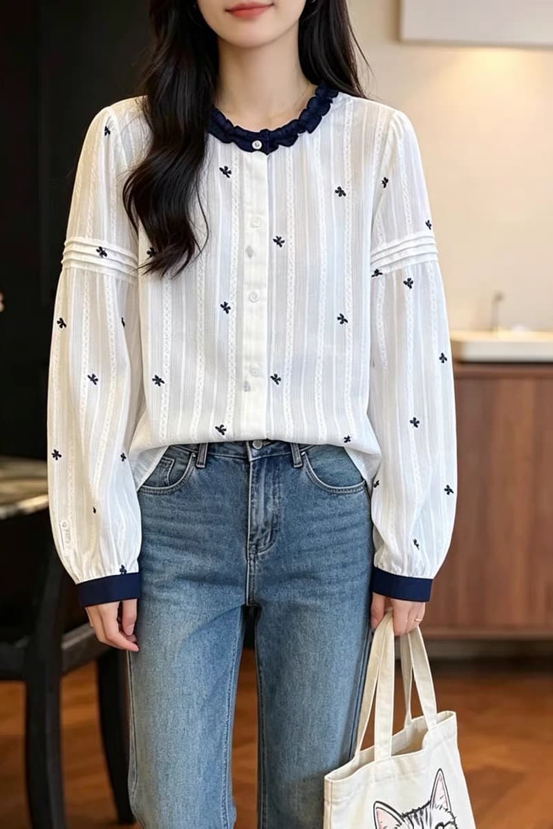 가을 의상 새로운 한 부서 자수 레이스 칼라 긴팔 여성 셔츠 루즈핏 외국 가스 디자인 센스 작은 대중 연령 감소 맨위 트렌디 이미지 6