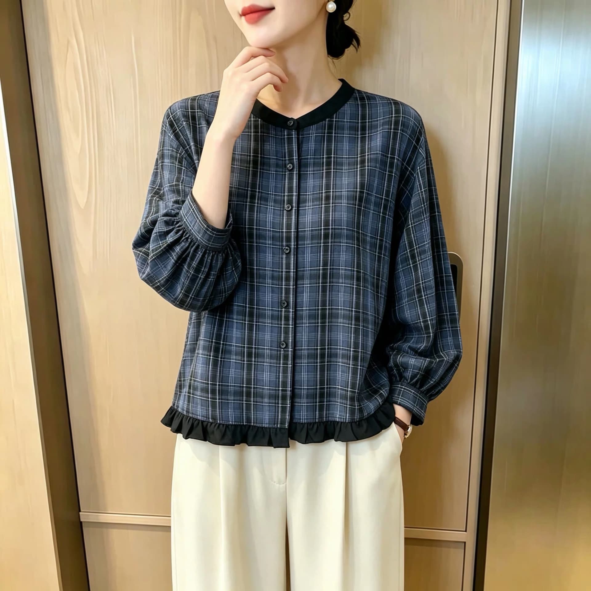 가을 의상 새로운 한 부서 파란색 체크무늬 여성 셔츠 루즈핏 캐주얼 라운드 넥 프릴 슈퍼 잘 생긴 맨위 이미지 2
