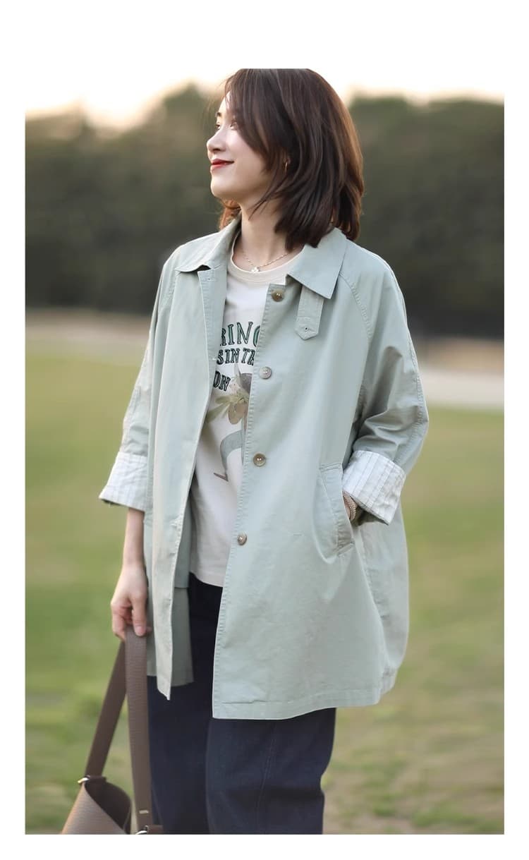 가을 겨울 의류 새로운 출퇴근 미니멀리즘 품격 다용도 싱글 줄 버튼 폴로 칼라 중간 길이 바람막이 여성 재킷 상세 이미지 4