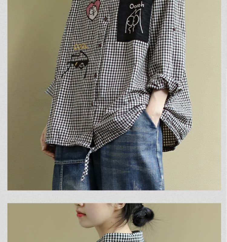 가을 의상 새로운 빅 사이즈 루즈핏 문예 긴팔 여성 셔츠 폴로 칼라 체크무늬 다용도 캐주얼 맨위 여성 상세 이미지 9