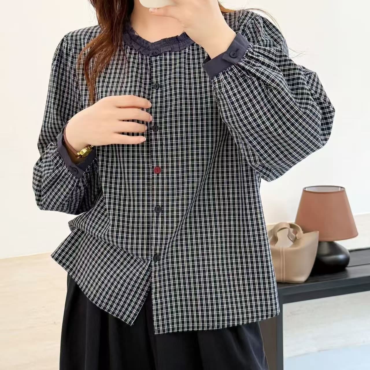 가을 의상 새로운 격자 무늬 셔츠 프릴 레트로 긴팔 루즈핏 다용도 캐주얼 맨위 여성 상세 이미지 2