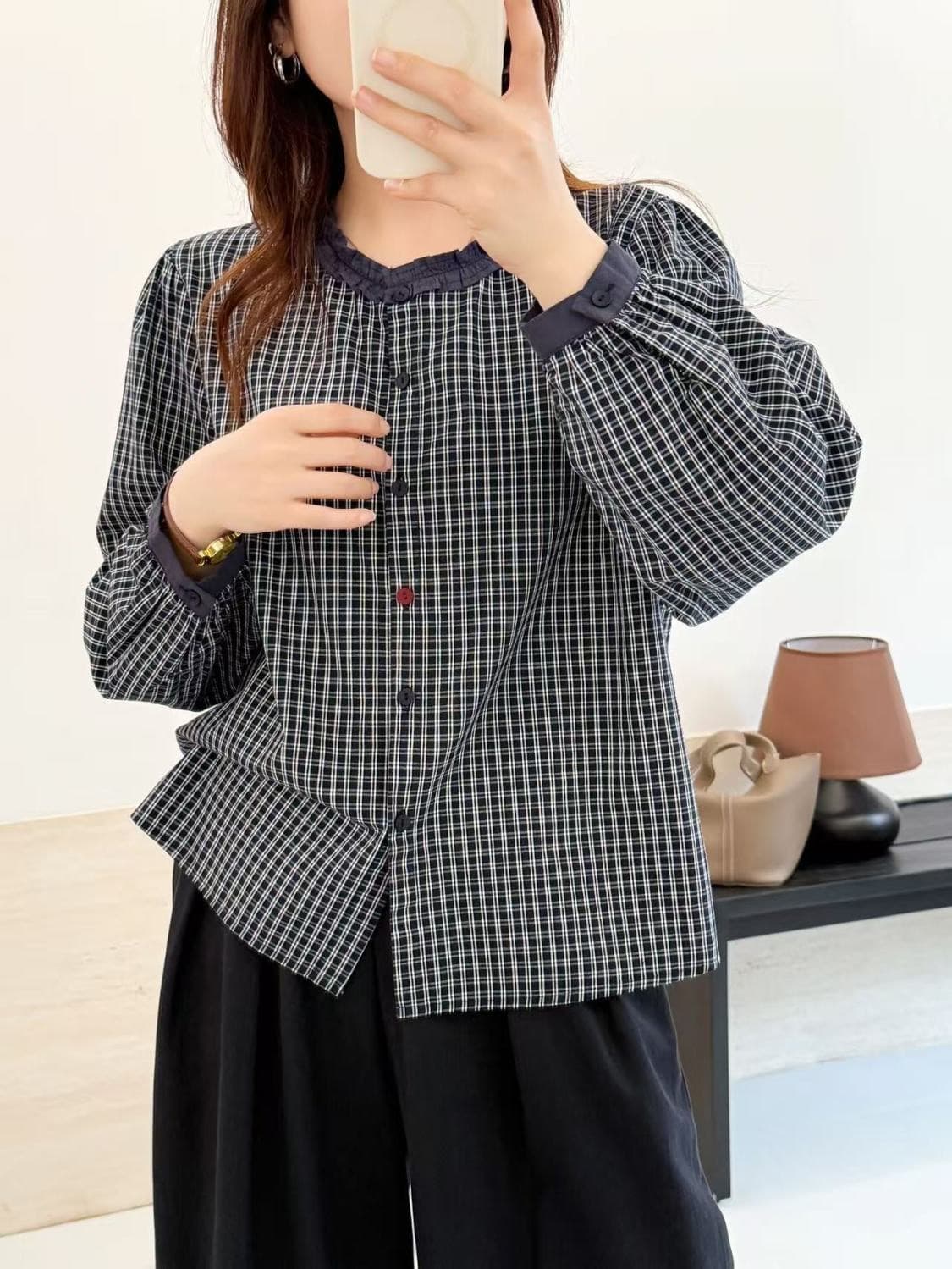 가을 의상 새로운 격자 무늬 셔츠 프릴 레트로 긴팔 루즈핏 다용도 캐주얼 맨위 여성 상세 이미지 3