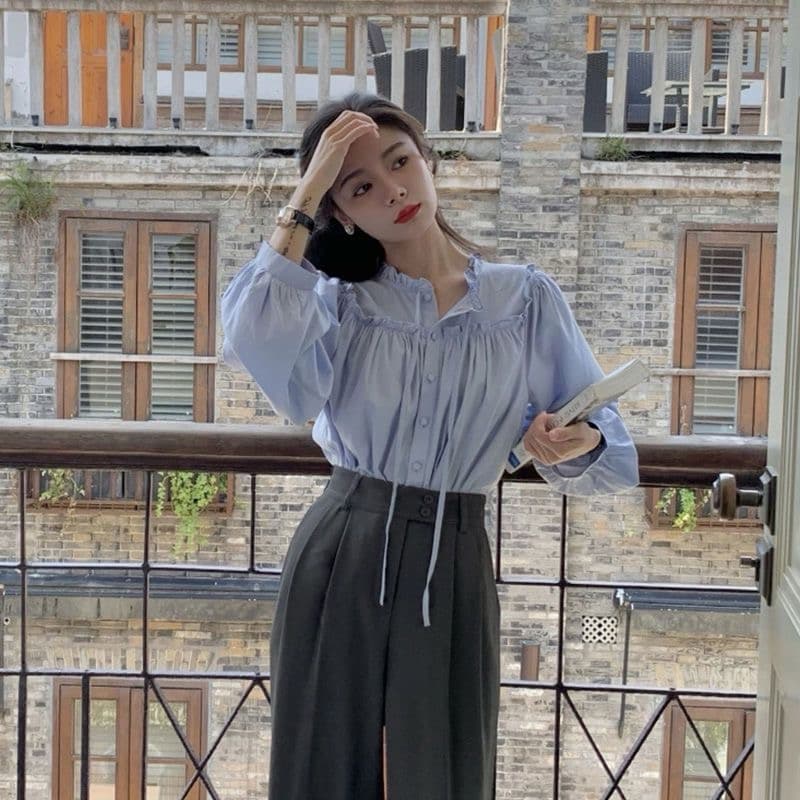 가을 의상 새로운 프랑스식 나비 매듭 여성 셔츠 Chic 인사이드 가져 가라. 셔츠 레이스업 파란색 고급 센스 스택 착용 맨위 이미지 5