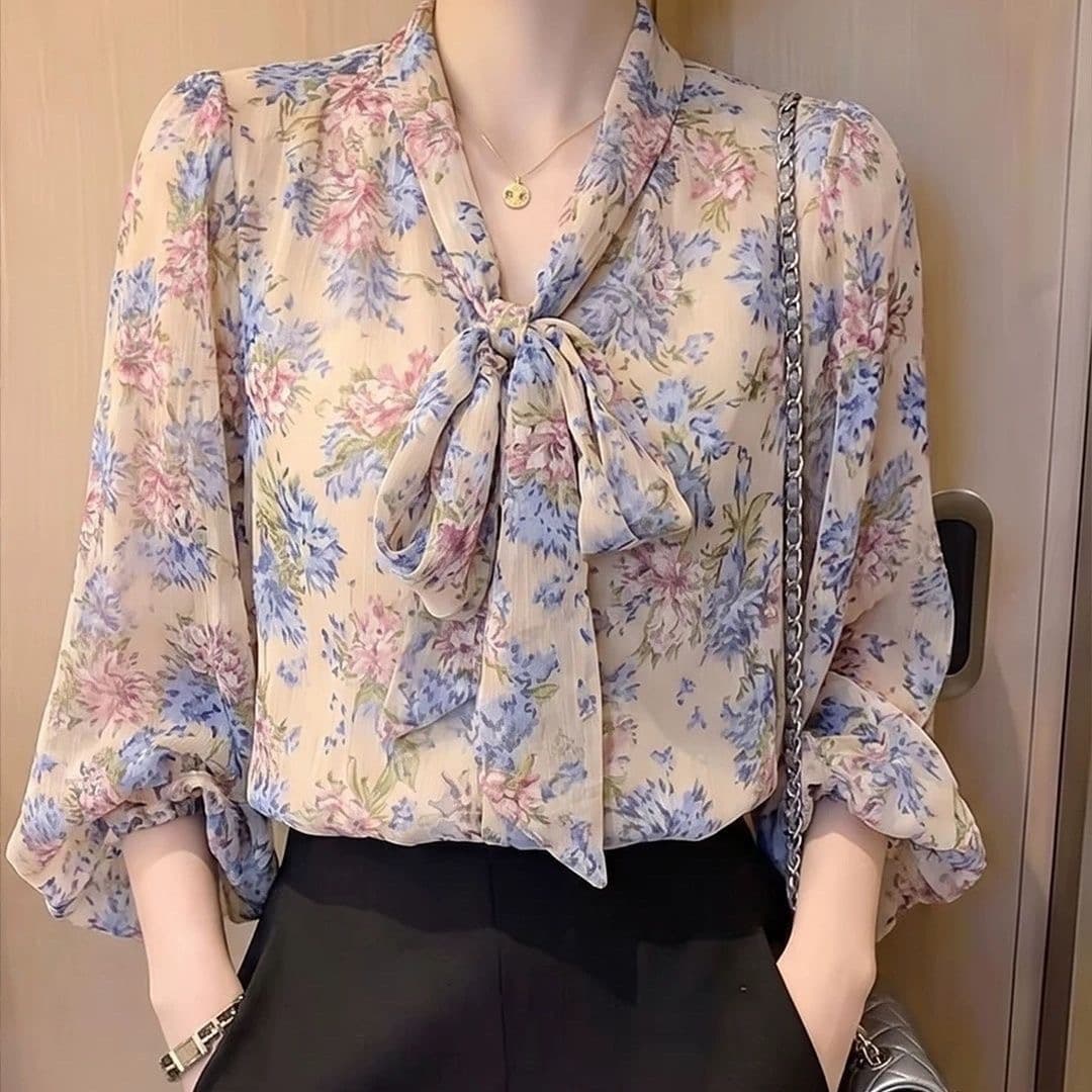 가을 의상 새로운 패션 꽃무늬 9부 소매 레이스업 나비 매듭 쉬폰 블라우스 한 부서 연령 감소 슬림해 보이는 루즈핏 여성 셔츠 이미지 3