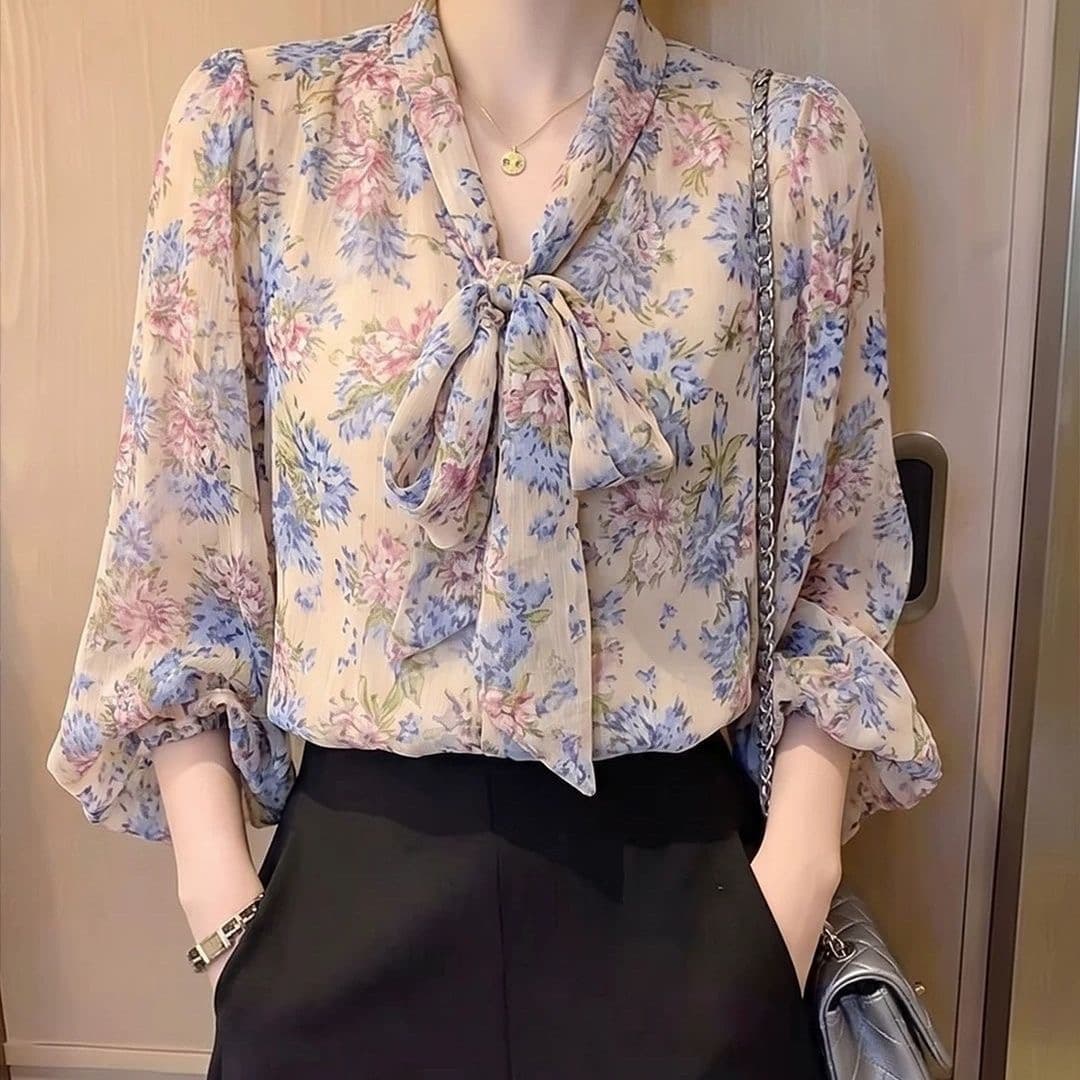 가을 의상 새로운 패션 꽃무늬 9부 소매 레이스업 나비 매듭 쉬폰 블라우스 한 부서 연령 감소 슬림해 보이는 루즈핏 여성 셔츠 상세 이미지 8