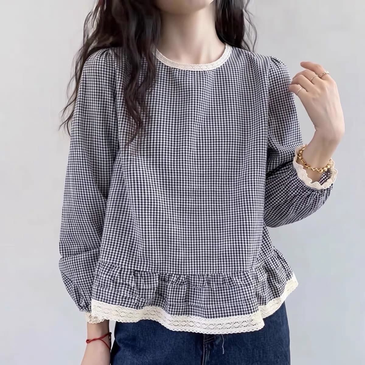 가을 의상 새로운 프릴 체크무늬 한 마디 인형 셔츠 여성 유럽 역 유럽 상품 여성 의류 디자인 센스 셔츠 트렌디 이미지 5