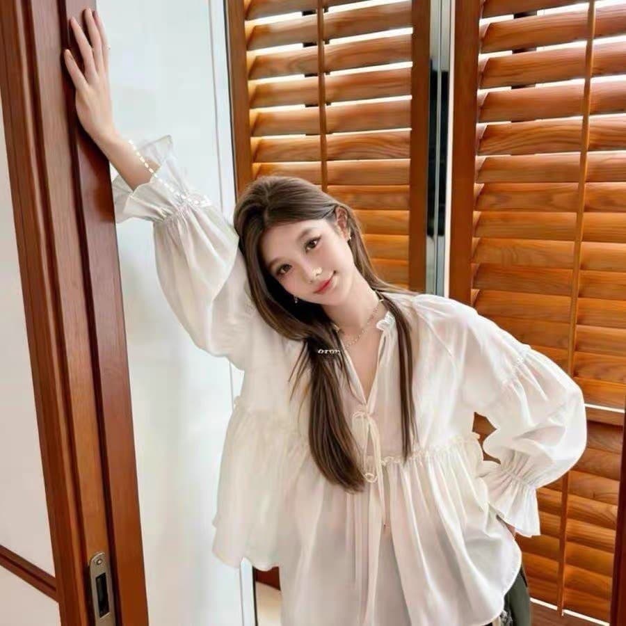 가을 의상 새로운 품격 다용도 슬림해 보이는 셔츠 달콤함 프릴 요정 한 마디 진자 루즈핏 인형 셔츠 맨위 이미지 5