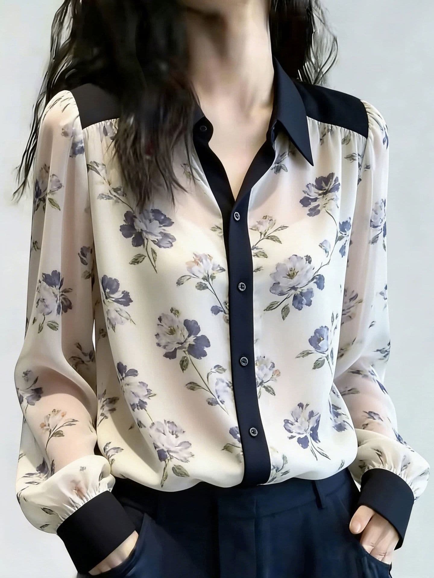 가을 의상 새로운 꽃무늬 쉬폰 셔츠 여성 긴 소매 한국 스타일 셔츠 외국 가스 연령 감소 슬림해 보이는 디자인 센스 맨위 작은 셔츠 상세 이미지 2