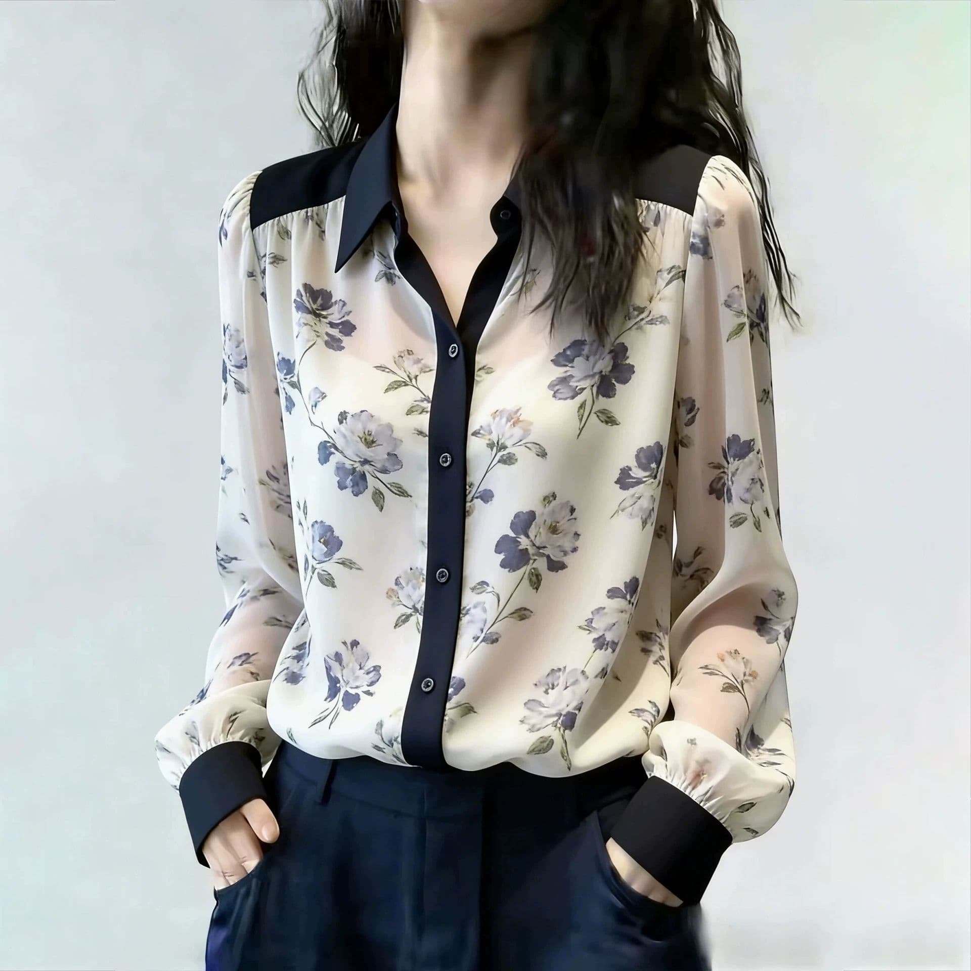 가을 의상 새로운 꽃무늬 쉬폰 셔츠 여성 긴 소매 한국 스타일 셔츠 외국 가스 연령 감소 슬림해 보이는 디자인 센스 맨위 작은 셔츠 상세 이미지 6