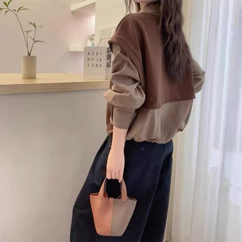가을 의상 새로운 한국 스타일 루즈핏 슬림해 보이는 다용도 캐주얼 레트로 체크무늬 여성 셔츠 페이크 레이어드 워크웨어 긴팔 맨위 상세 이미지 11