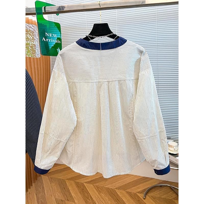 가을 의상 새로운 한 부서 슈퍼 잘 생긴 배색 라운드 넥 스트라이프 긴팔 셔츠 고급 센스 chic Chic 맨위 작은 셔츠 이미지 3