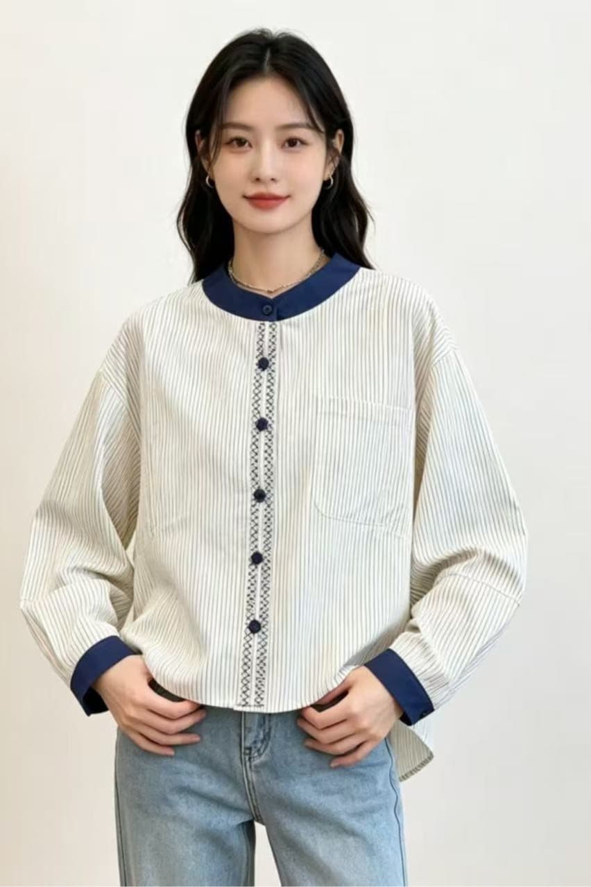 가을 의상 새로운 한 부서 슈퍼 잘 생긴 배색 라운드 넥 스트라이프 긴팔 셔츠 고급 센스 chic Chic 맨위 작은 셔츠 이미지 6