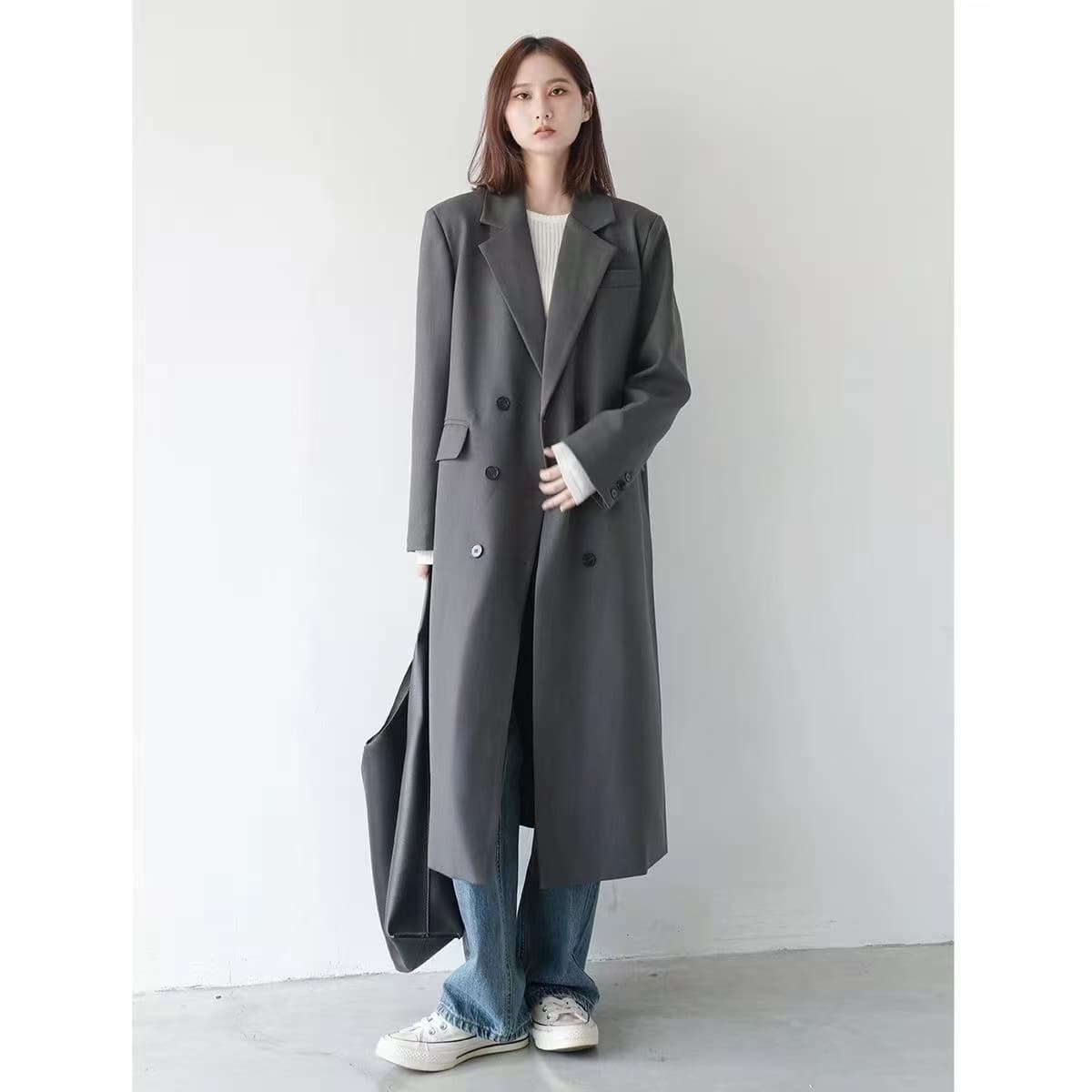 가을 겨울 의류 새로운 고급 회색 플러스 롱 코트 정장 재킷 재킷 인기 영국식 레트로 대 벨트 안감 상세 이미지 2