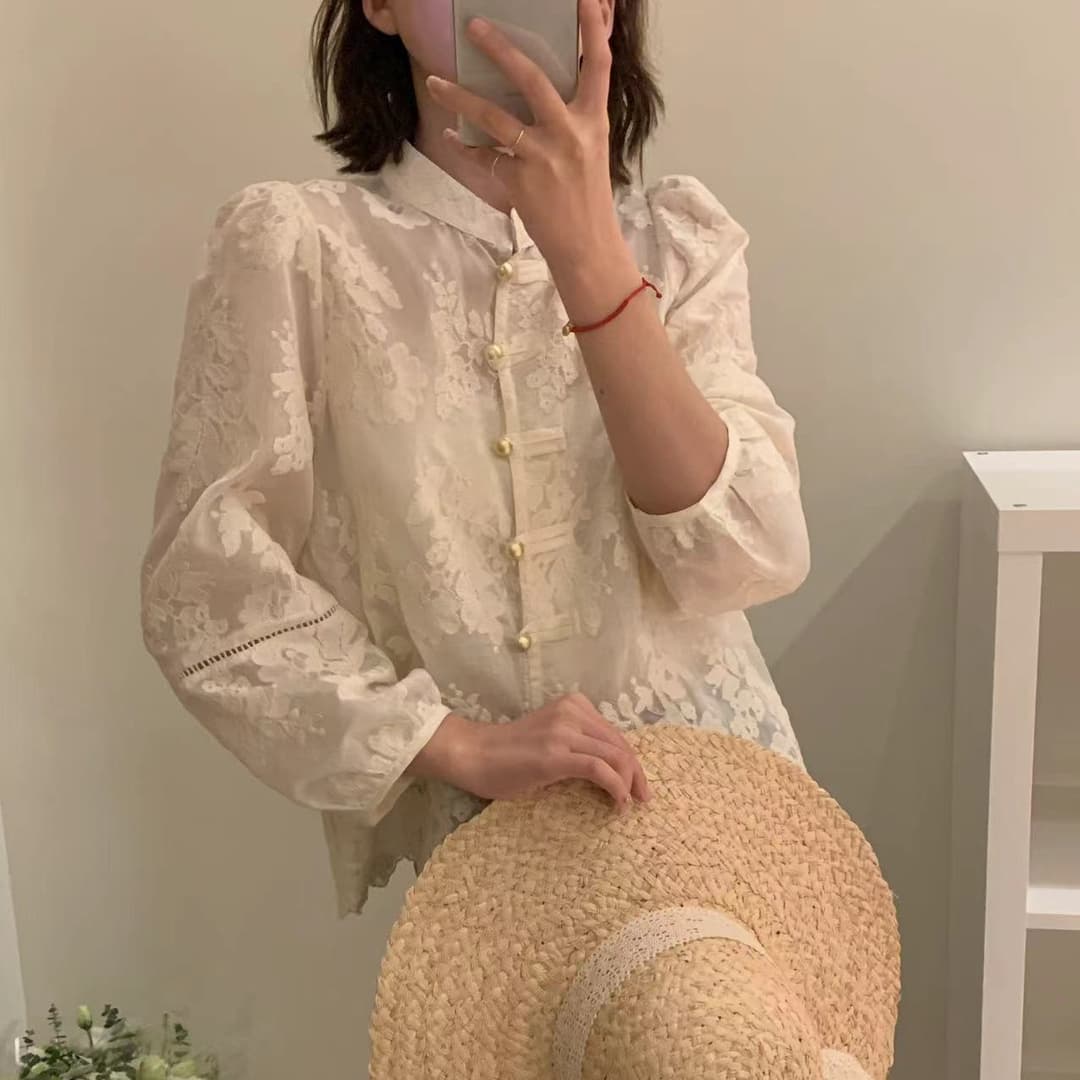 가을 의상 새로운 여성 셔츠 레이스 슬림해 보이는 품격 레트로 새로운 중식 국풍 스탠드 칼라 자수 셔츠 긴팔 맨위 이미지 2